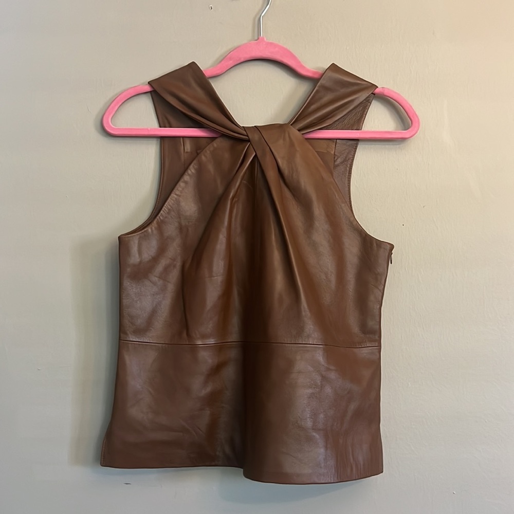 Antonio Melani Tobar Genuine Leather Twist Halter Neck Sleeveless Top